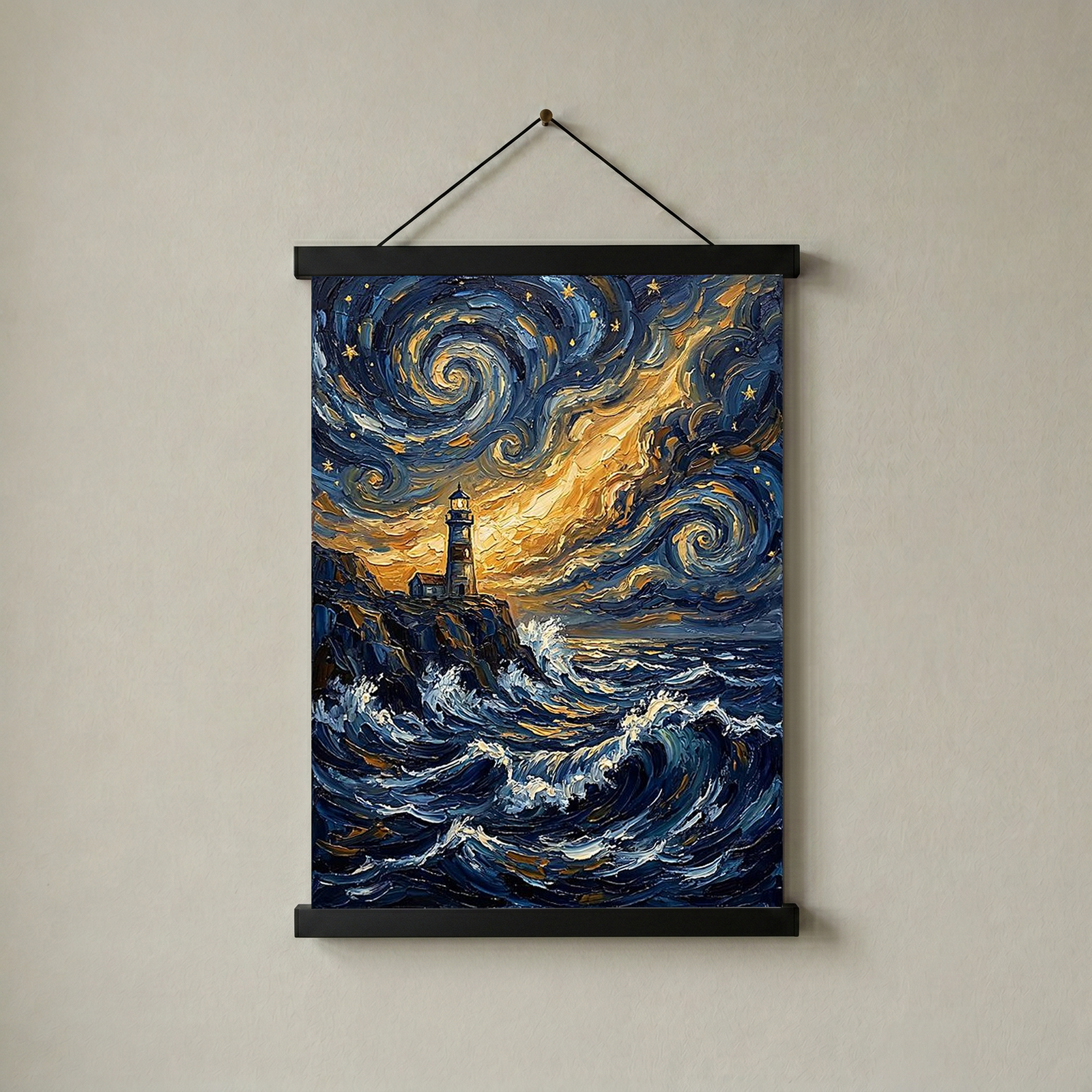 Lighthouse Stormy Sea Print — Van Gogh Starry Night Coastal Wall Art