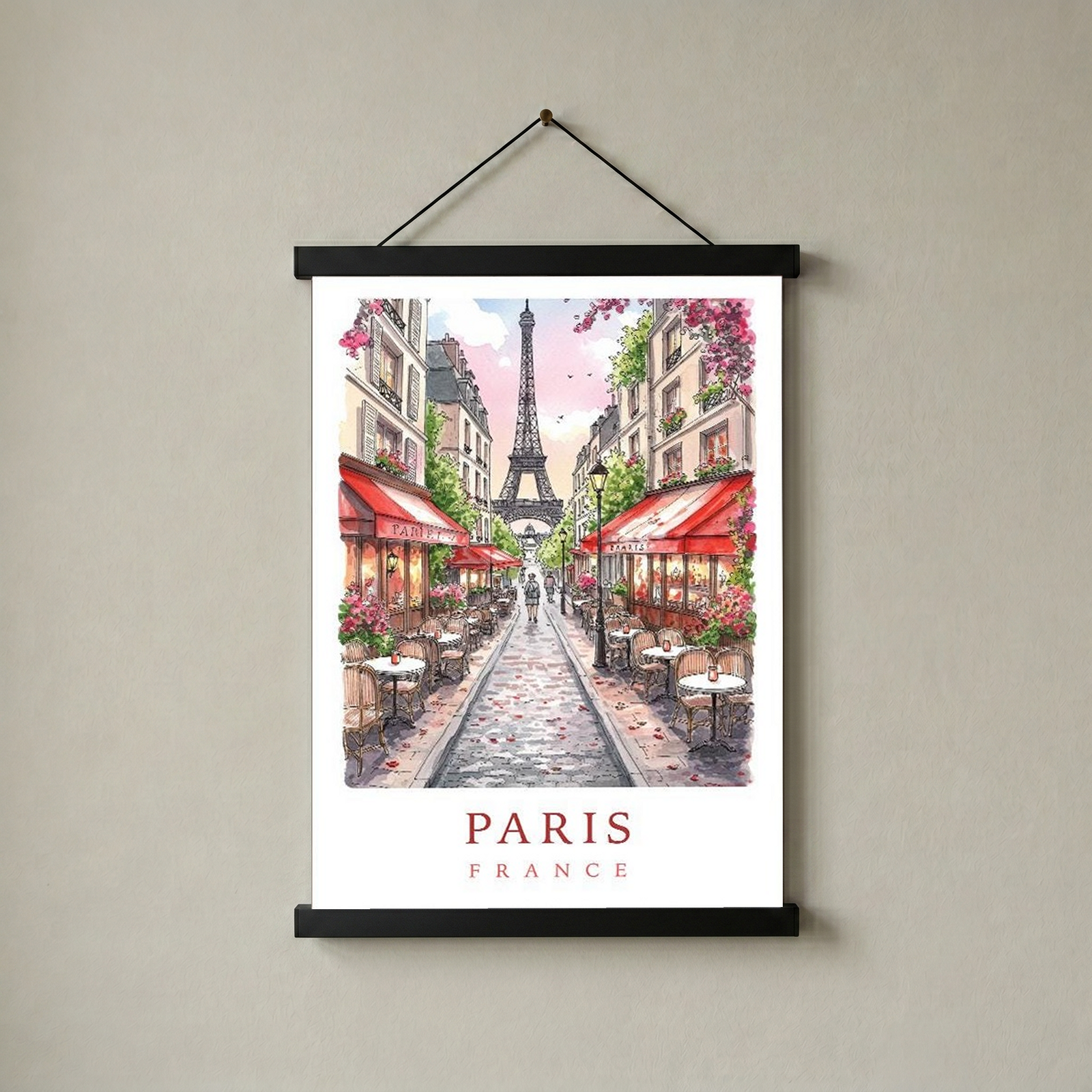 Paris France Travel Poster — Eiffel Tower Street Cafe Print