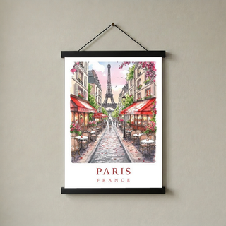 Paris France Travel Poster — Eiffel Tower Street Cafe Print