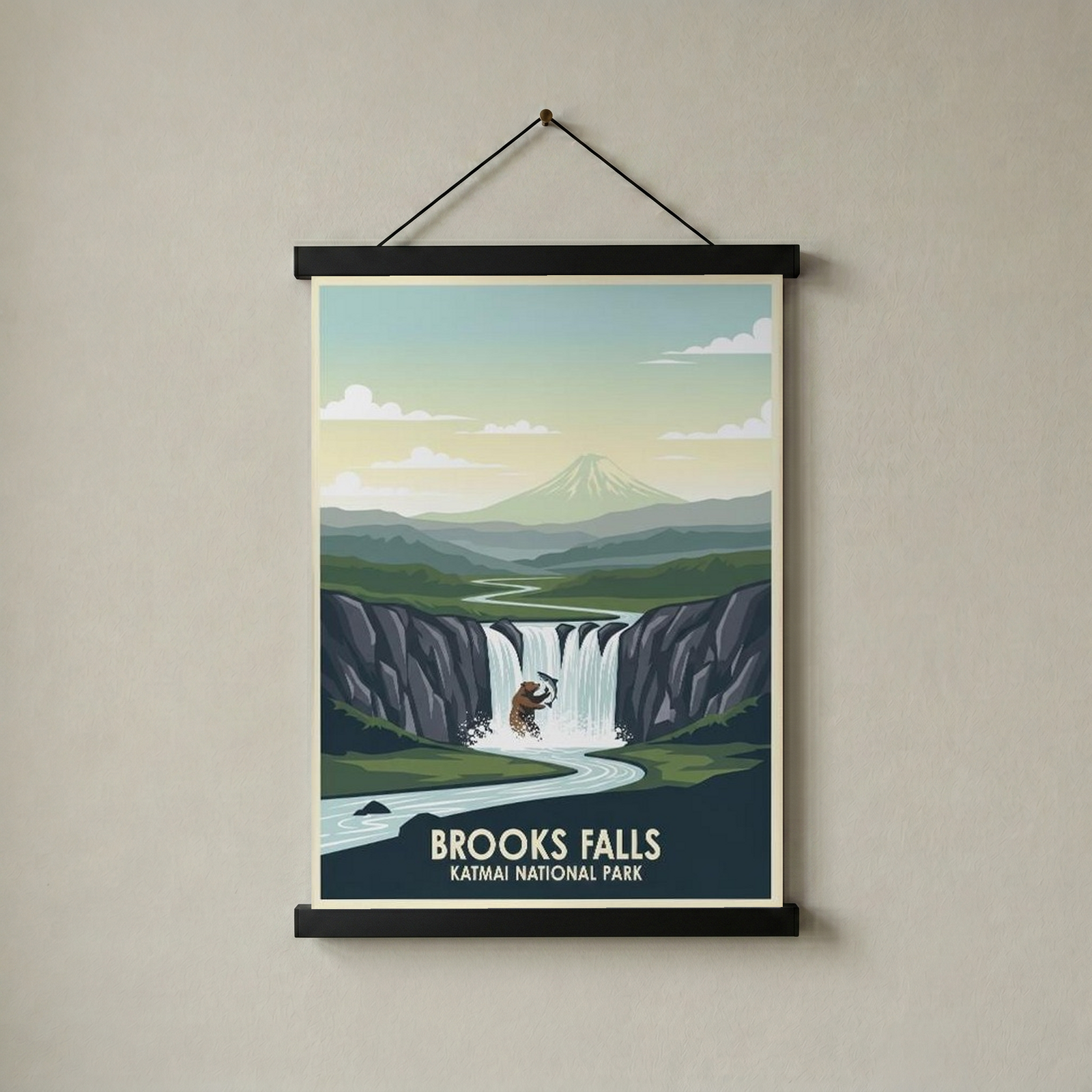 Katmai National Park Poster — Vintage Alaska Brooks Falls Brown Bear Salmon Print