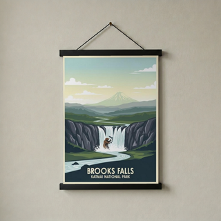 Katmai National Park Poster — Vintage Alaska Brooks Falls Brown Bear Salmon Print