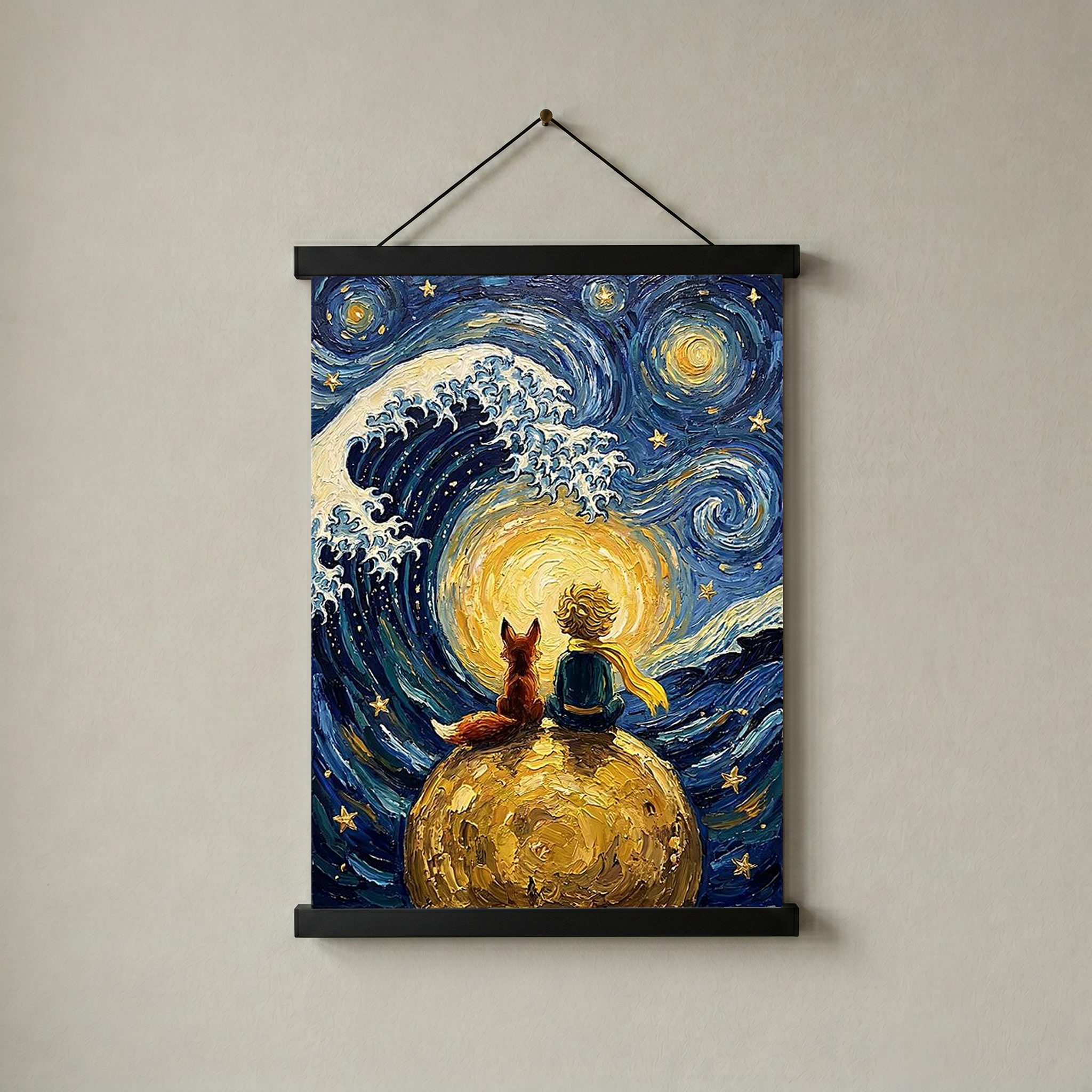 Little Prince Fox &amp; Planet Print — Van Gogh-Style Nursery Wall Art