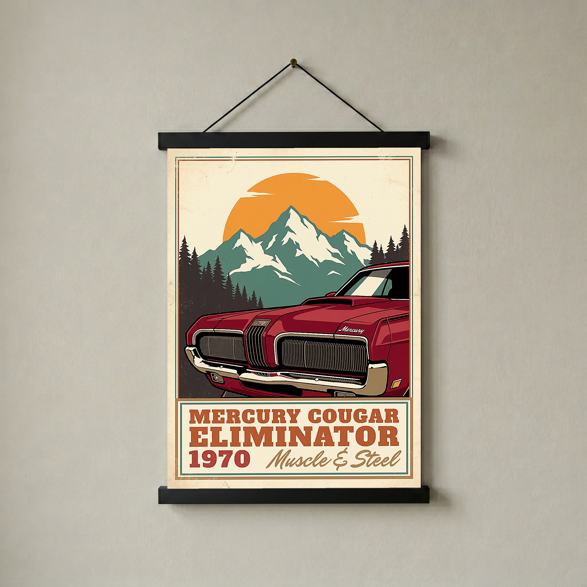 Mercury Cougar Eliminator 1970 V3 Poster — Vintage Muscle Front Grille Mountain Print