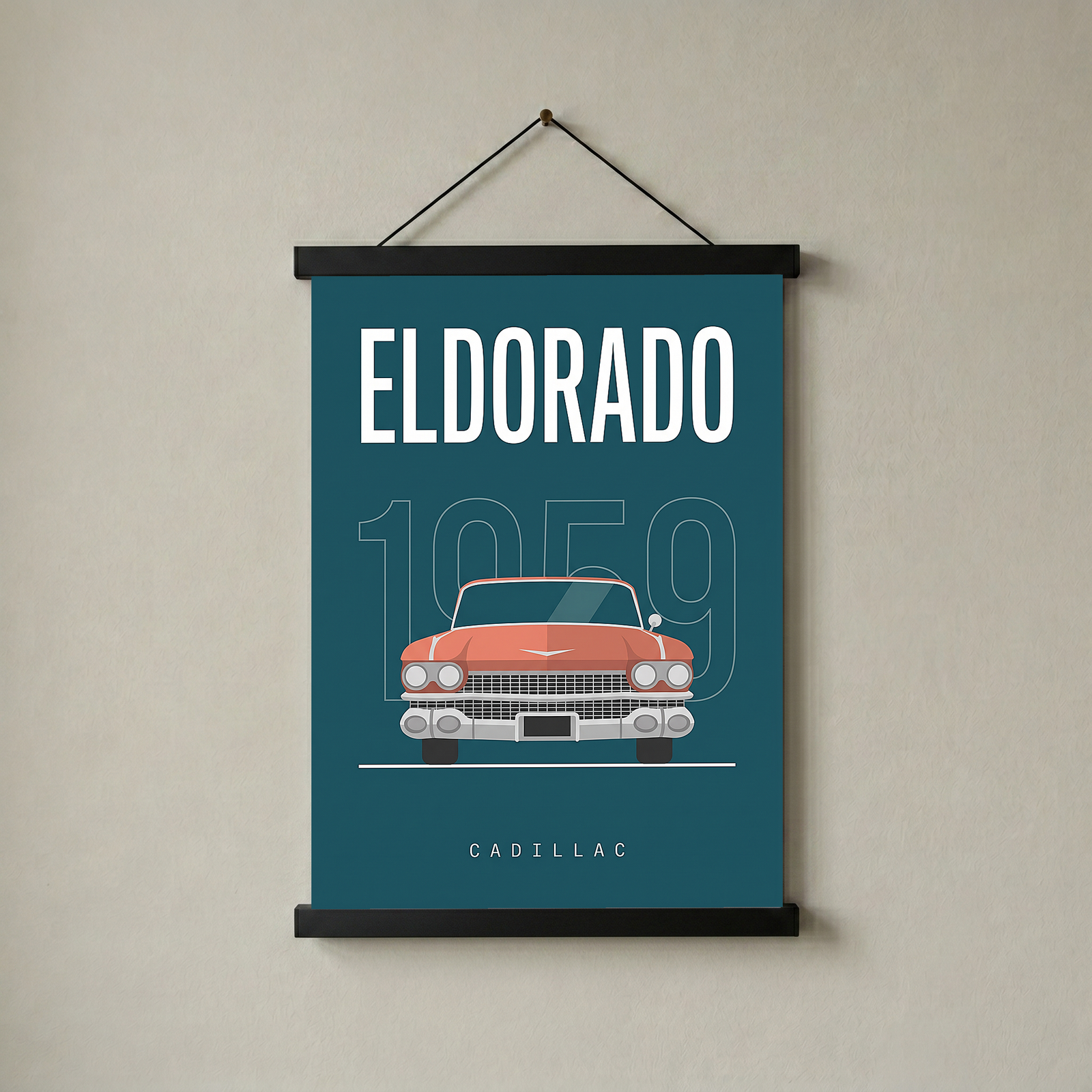 Cadillac Eldorado 1959 Minimalist Poster — Teal Tail-Fin Classic Line Art