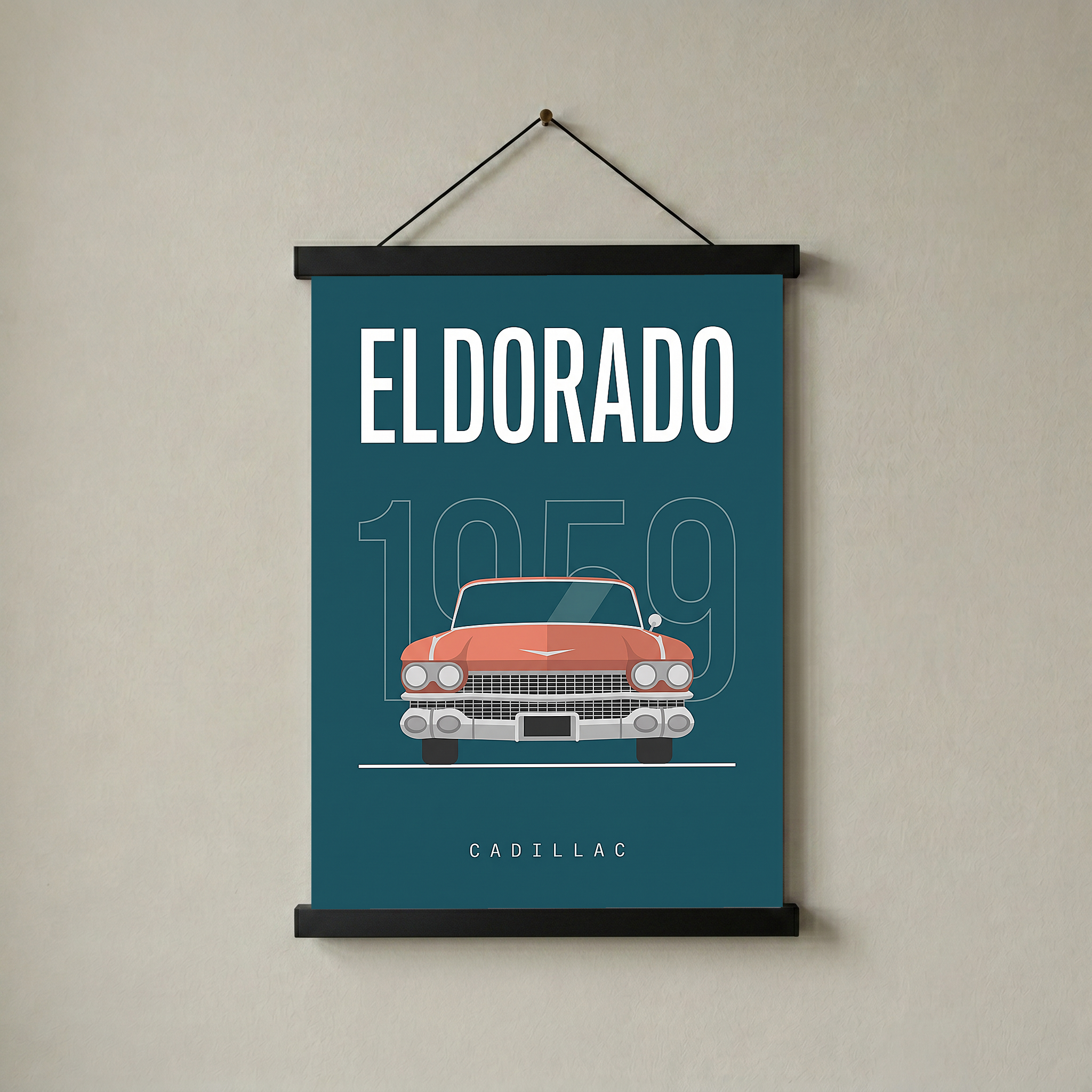 Cadillac Eldorado 1959 Minimalist Poster — Teal Tail-Fin Classic Line Art
