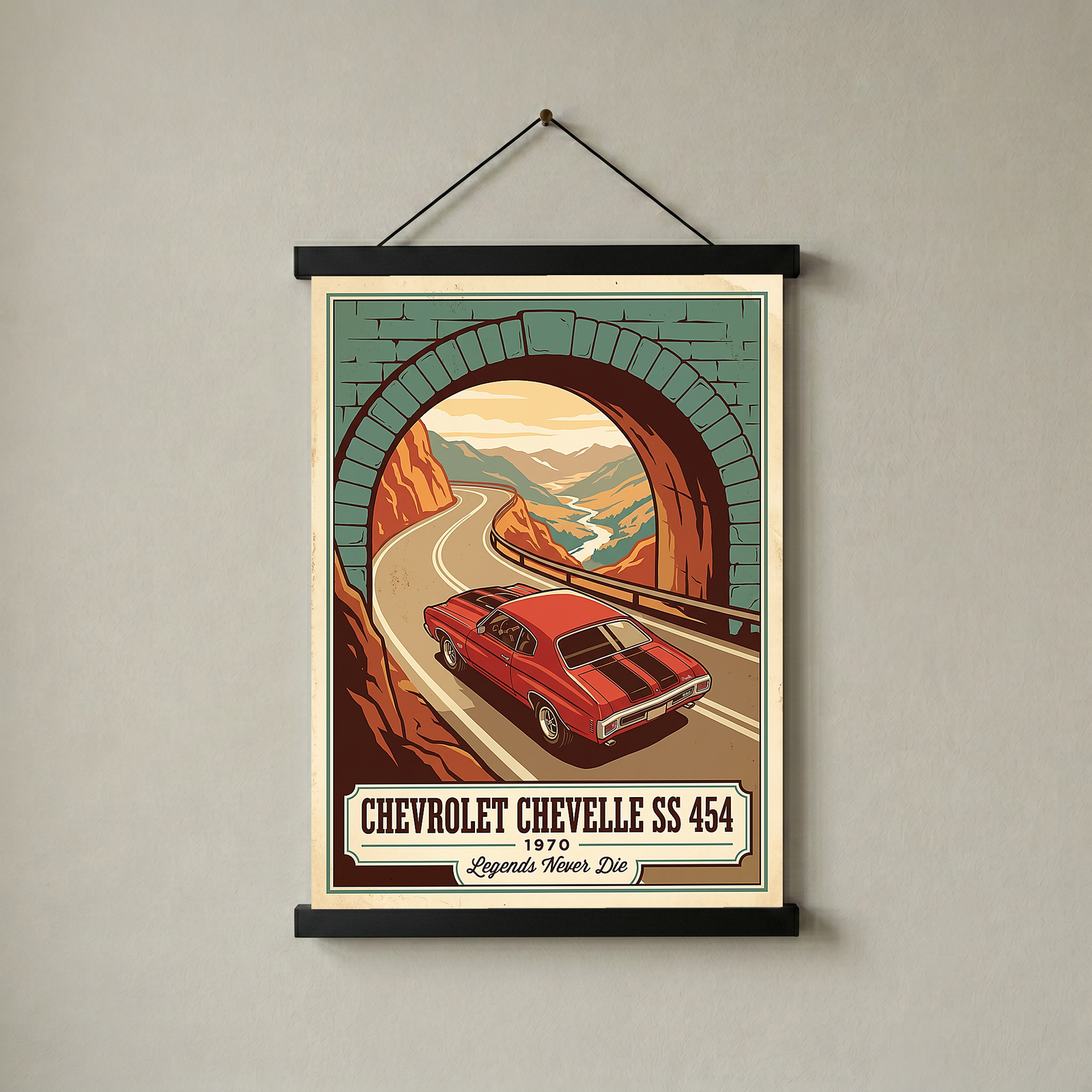 Chevrolet Chevelle SS 454 1970 V9 Stone Tunnel Poster — Vintage Muscle Mountain Pass
