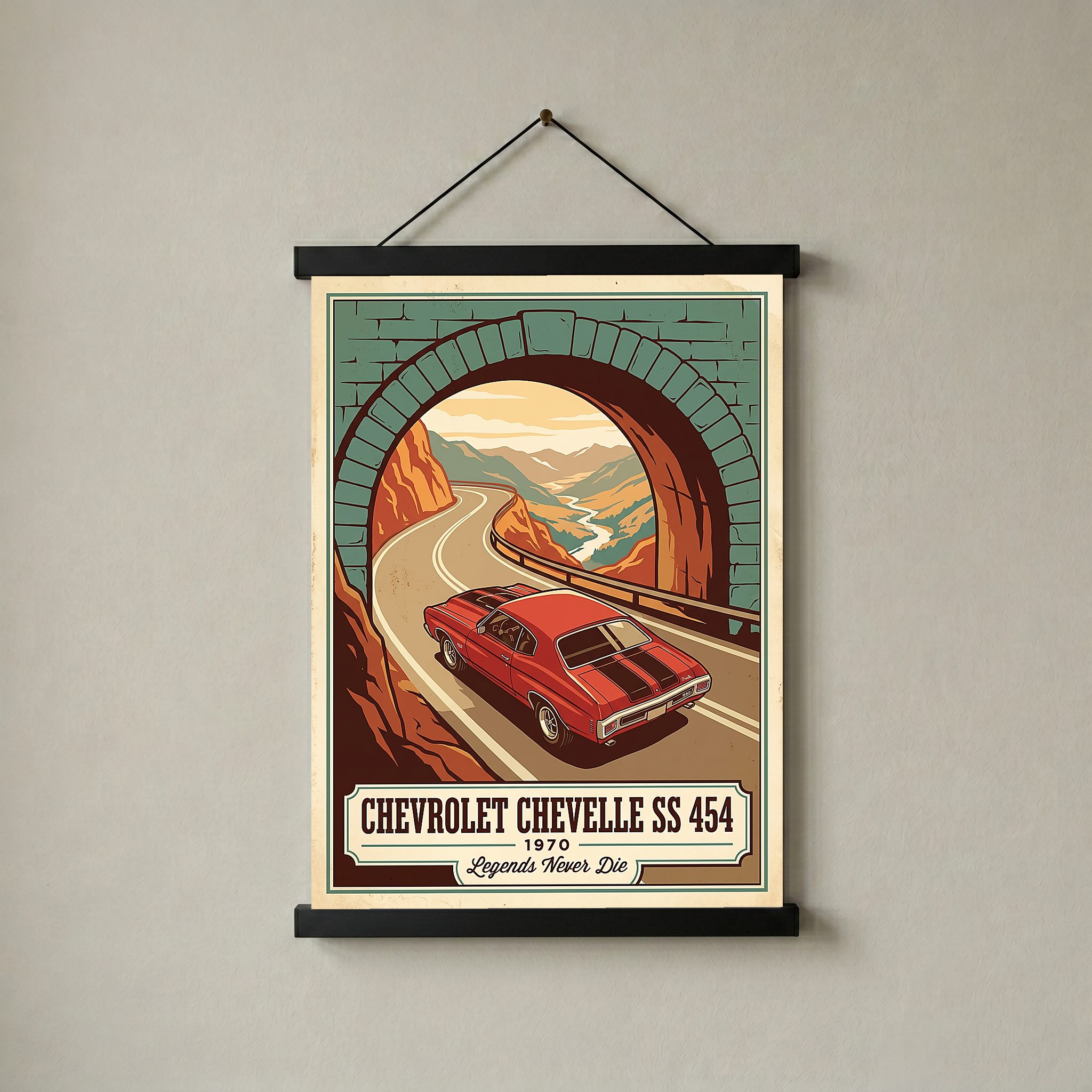 Chevrolet Chevelle SS 454 1970 V9 Stone Tunnel Poster — Vintage Muscle Mountain Pass
