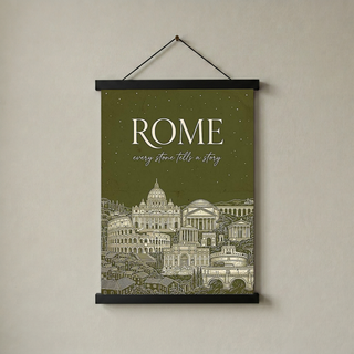 Rome Line Art Print — Olive Green Colosseum Vatican Skyline Wall Art