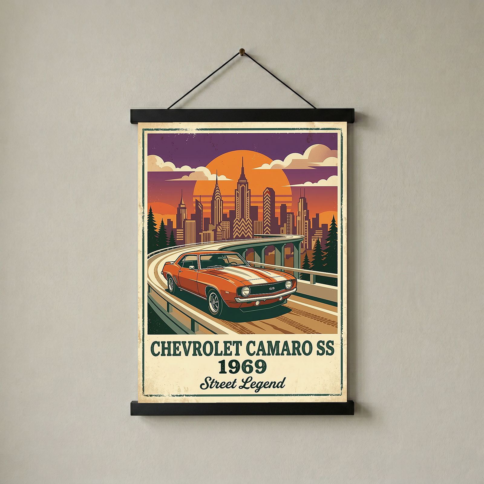 Chevrolet Camaro SS 1969 Poster — Vintage Muscle Car City Skyline Print