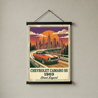 Chevrolet Camaro SS 1969 Poster — Vintage Muscle Car City Skyline Print