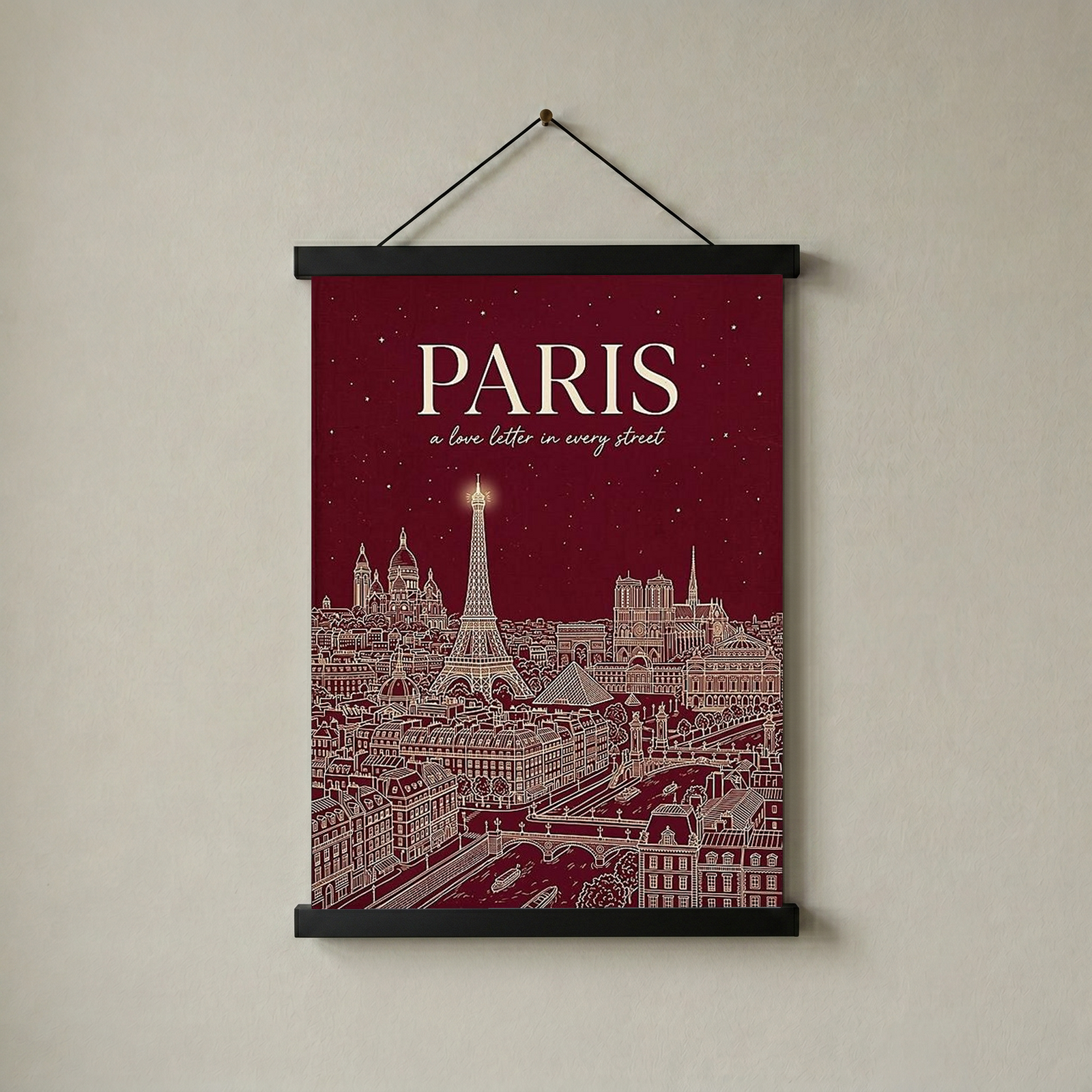Paris Line Art Print — Burgundy Eiffel Tower Skyline Wall Art