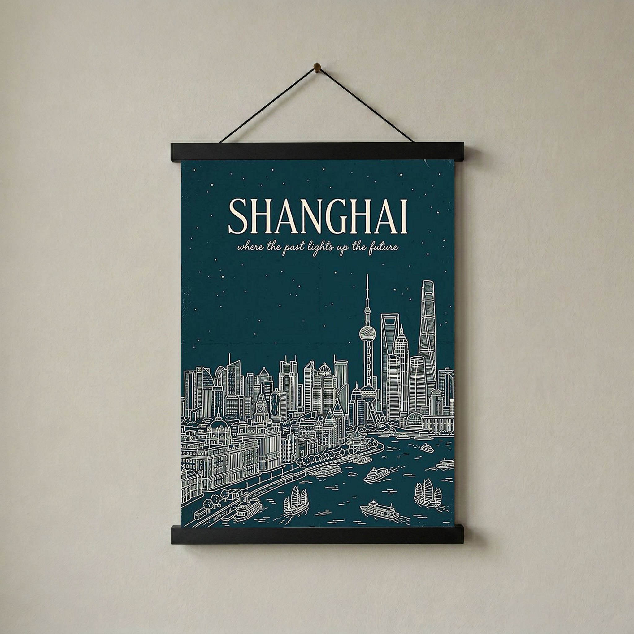 Shanghai Line Art Print — Teal Oriental Pearl Tower The Bund Skyline Wall Art