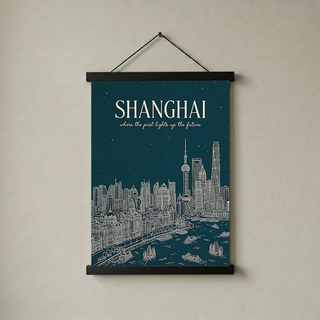 Shanghai Line Art Print — Teal Oriental Pearl Tower The Bund Skyline Wall Art