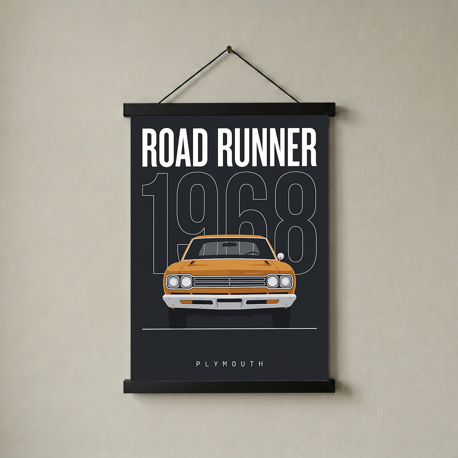 Plymouth Road Runner 1968 Minimalist Poster — Charcoal Muscle Car Line Art