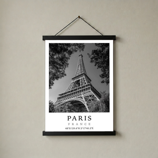 Paris Eiffel Tower Poster — Black and White France Coordinates Print