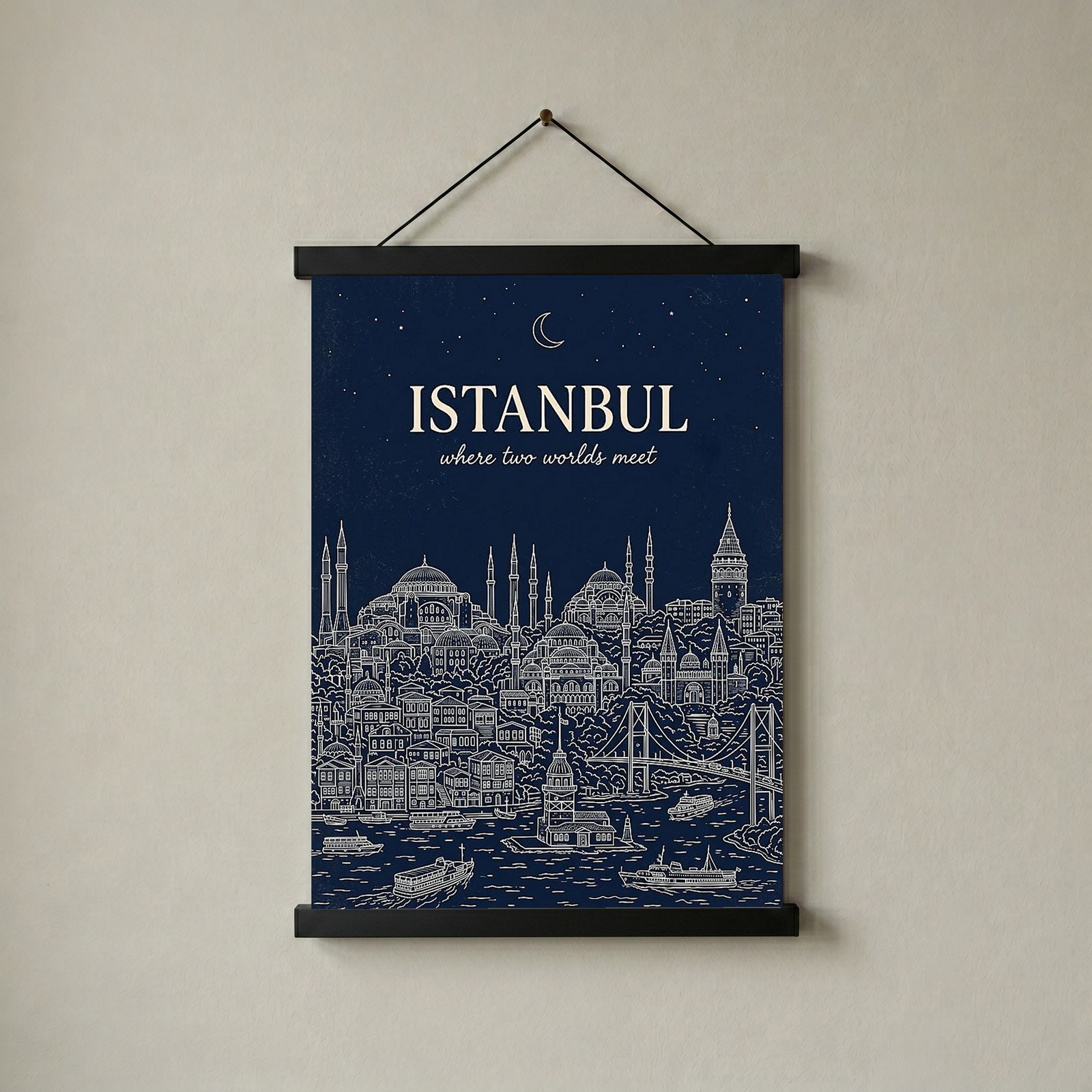 Istanbul Line Art Print — Navy Bosphorus Skyline Hagia Sophia Wall Art