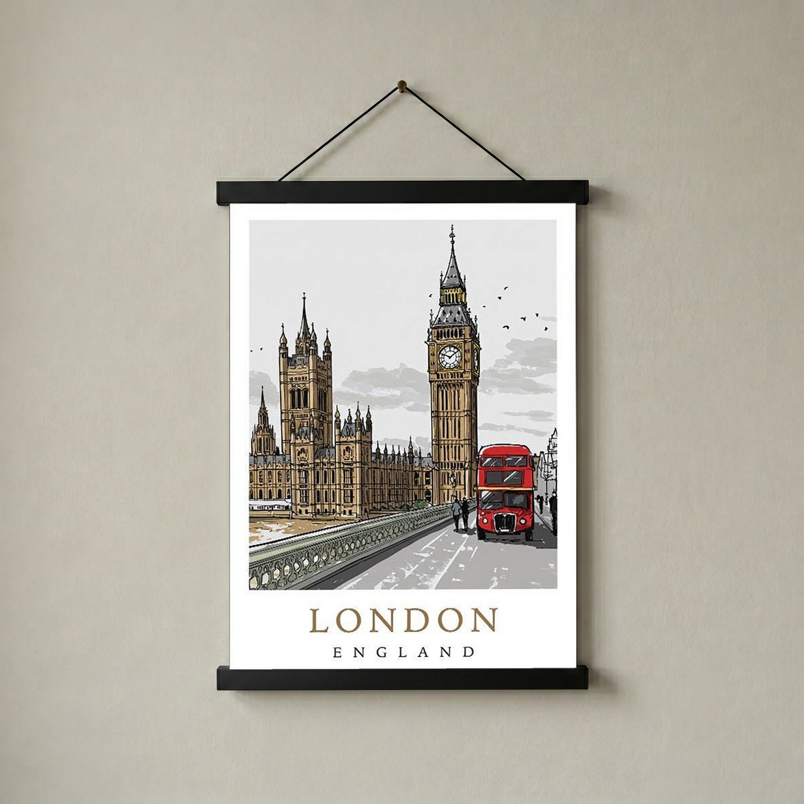 London Travel Poster — Big Ben Houses of Parliament Red Bus Print