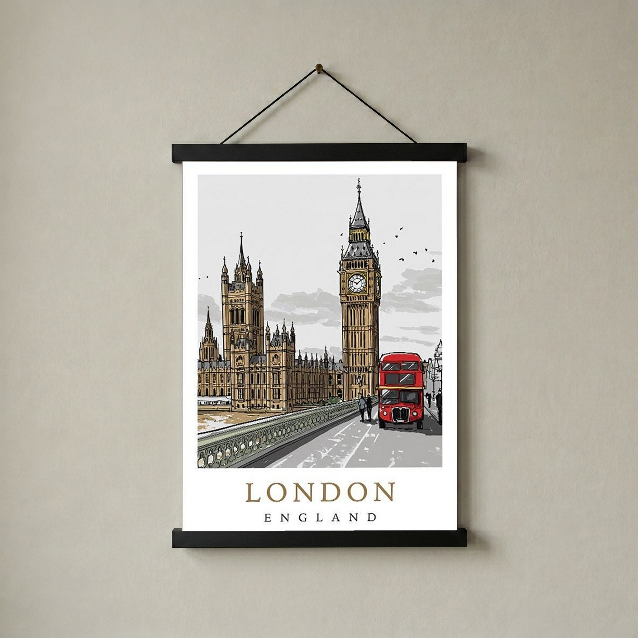 London Travel Poster — Big Ben Houses of Parliament Red Bus Print