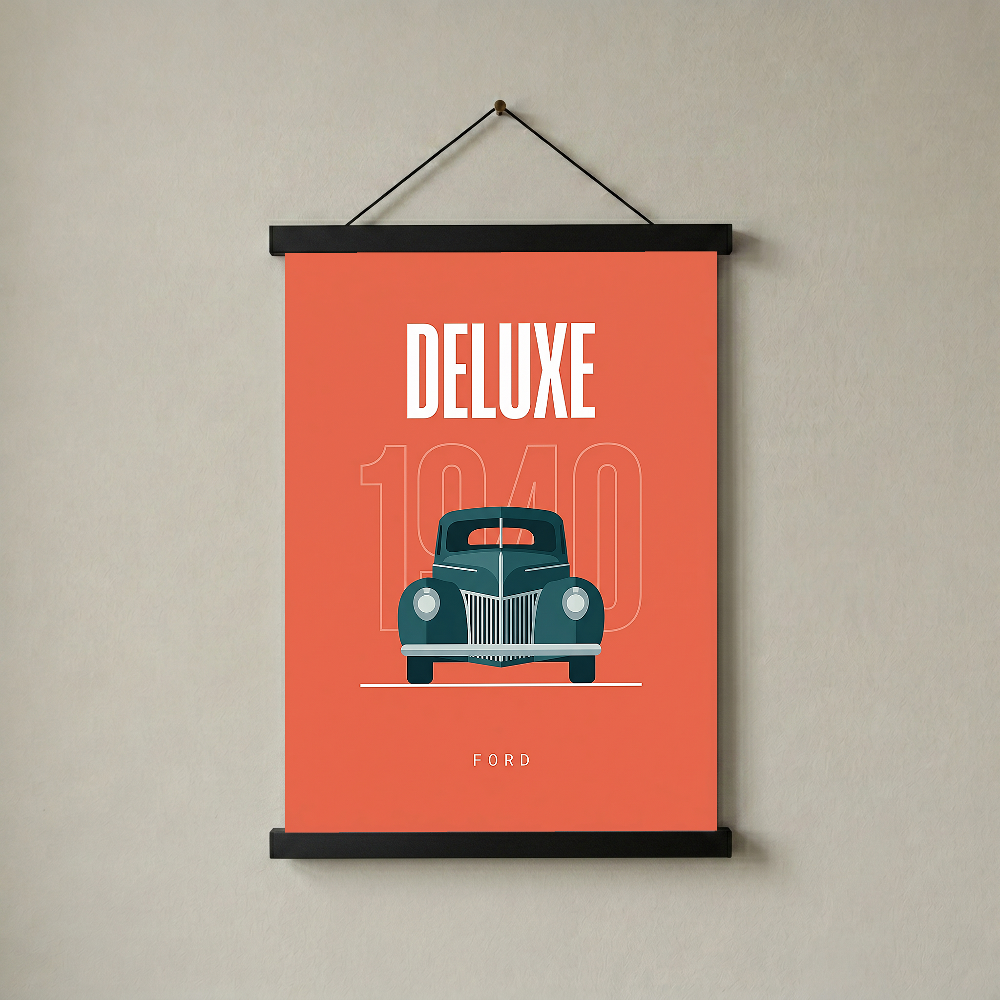 Ford Deluxe 1940 Minimalist Poster — Coral Pre-War Classic Line Art