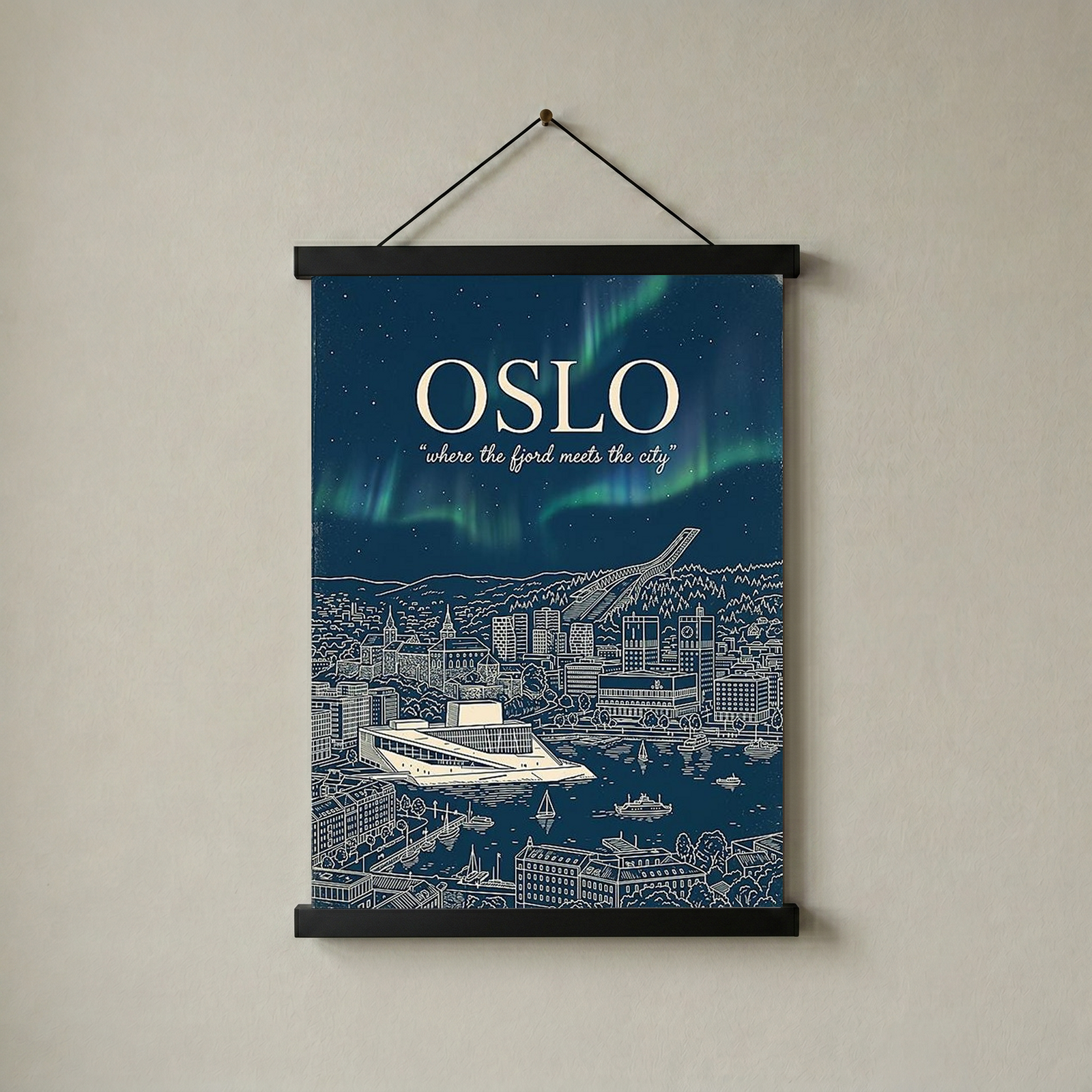 Oslo Line Art Print — Navy Opera House Fjord Aurora Borealis Skyline Wall Art
