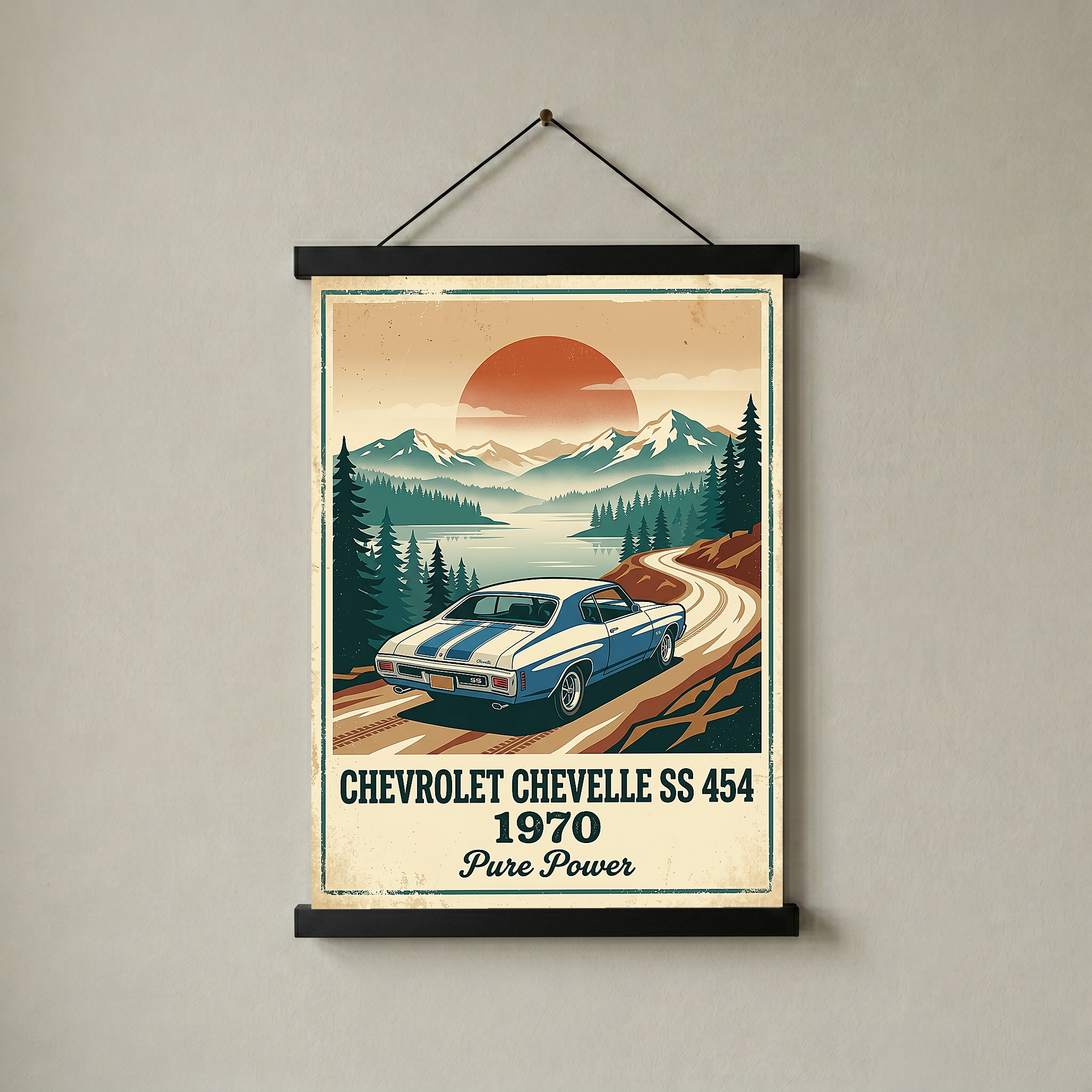 Chevrolet Chevelle SS 454 1970 Sky Blue Poster — Vintage Muscle Car Mountain Lake Print