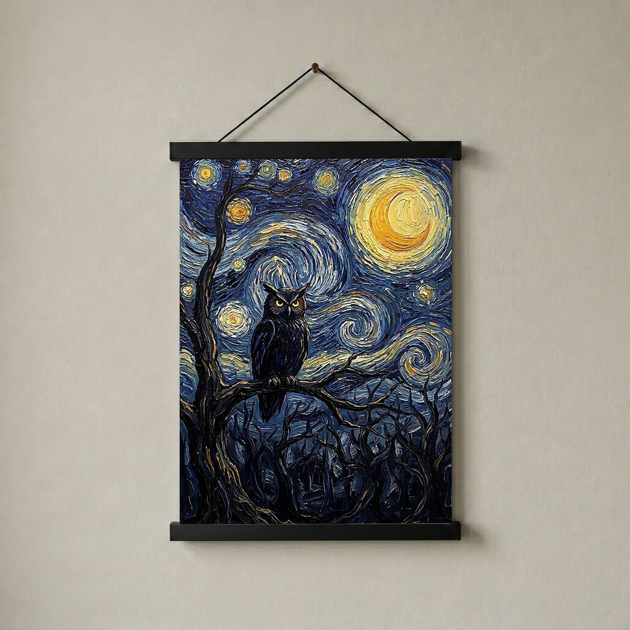 Wise Owl Starry Night Print — Van Gogh-Style Mystical Forest Wall Art