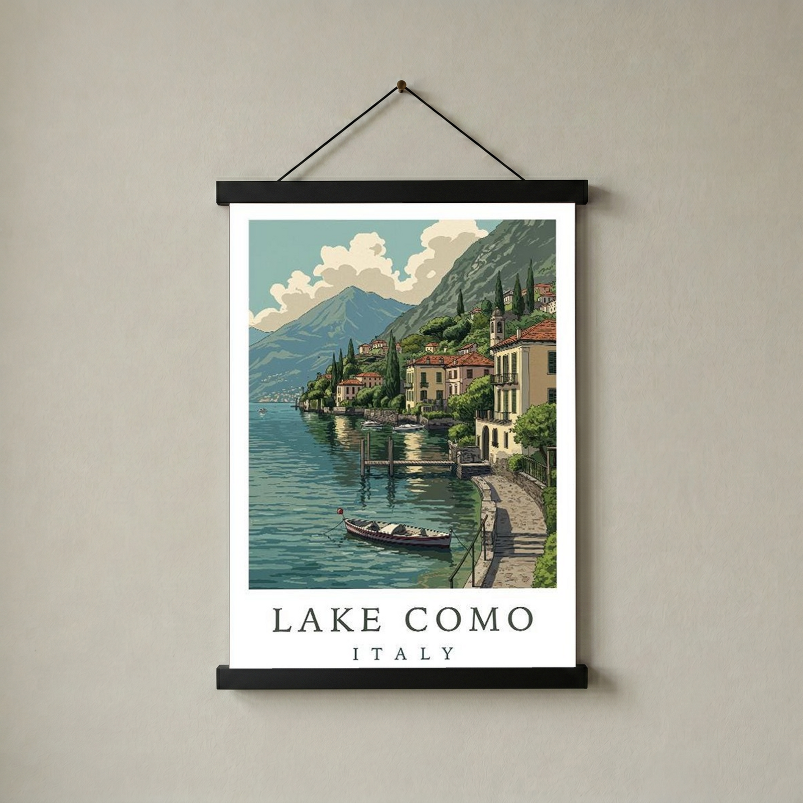 Lake Como Italy Travel Poster — Lakeside Village Boat Landscape Print