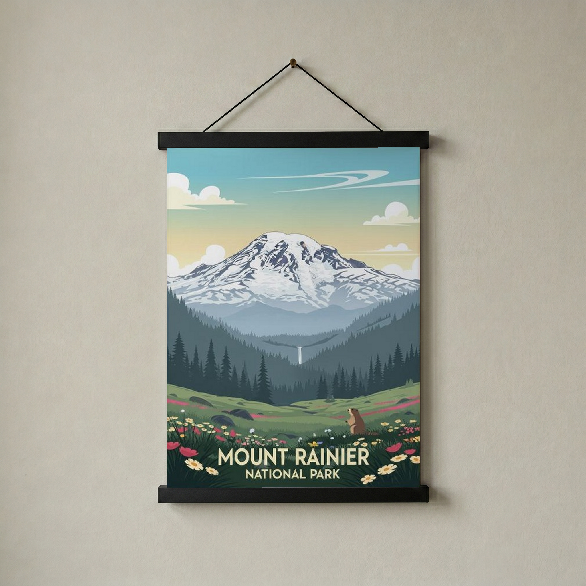 Mount Rainier National Park Poster — Vintage Washington Wildflower Marmot Print