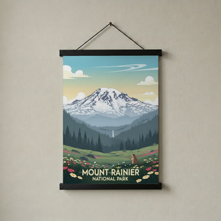 Mount Rainier National Park Poster — Vintage Washington Wildflower Marmot Print