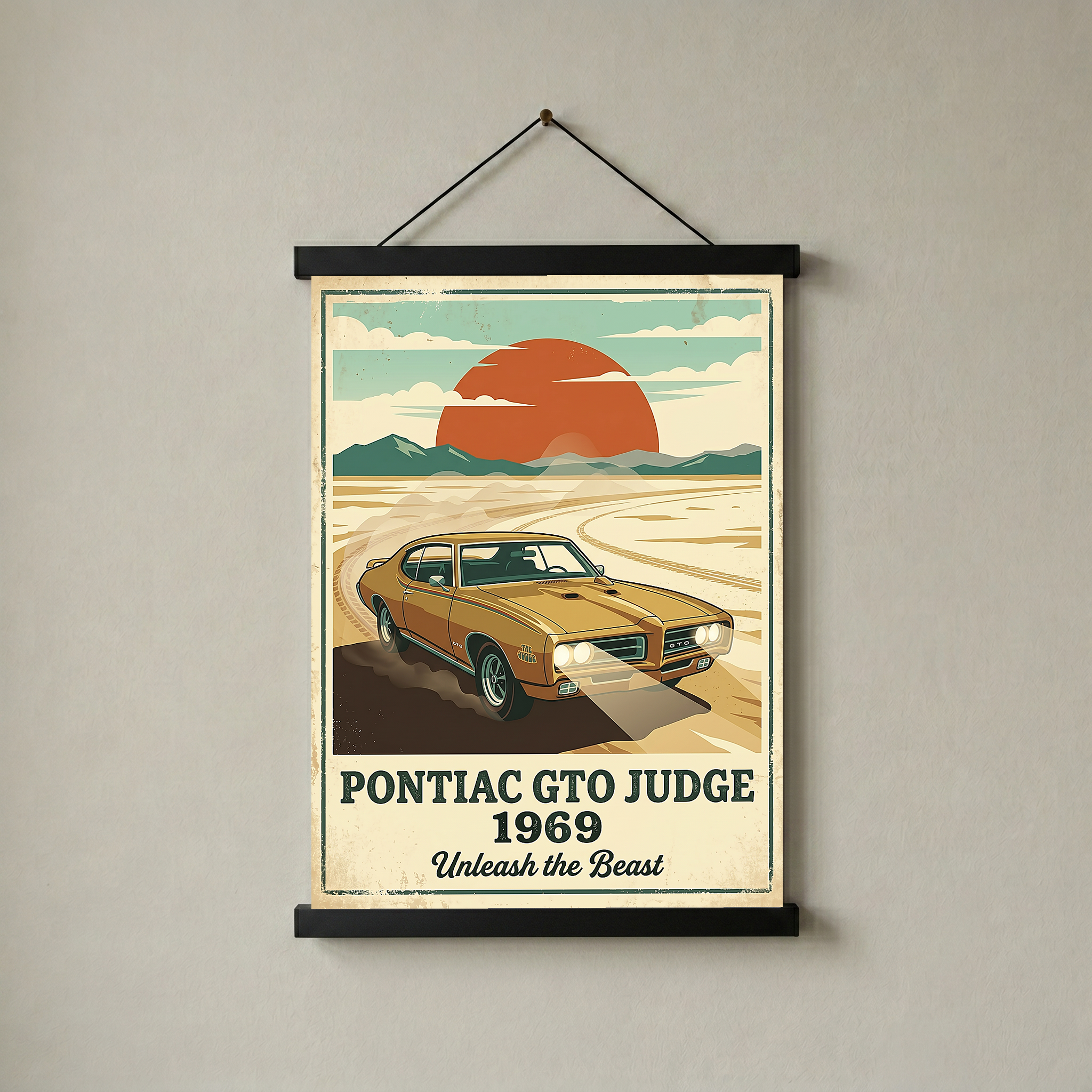 Pontiac GTO Judge 1969 V2 Poster — Vintage Muscle Car Desert Sunset Print