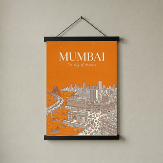Mumbai Line Art Print — Saffron Gateway of India Marine Drive Skyline Wall Art