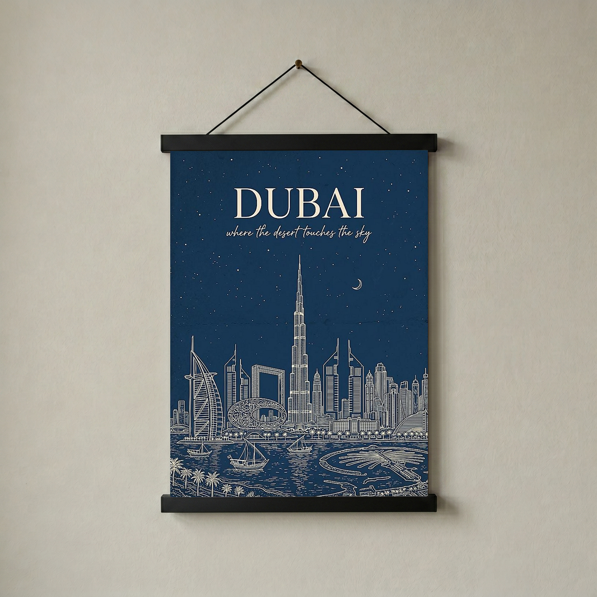 Dubai Line Art Print — Navy Burj Khalifa Skyline Wall Art