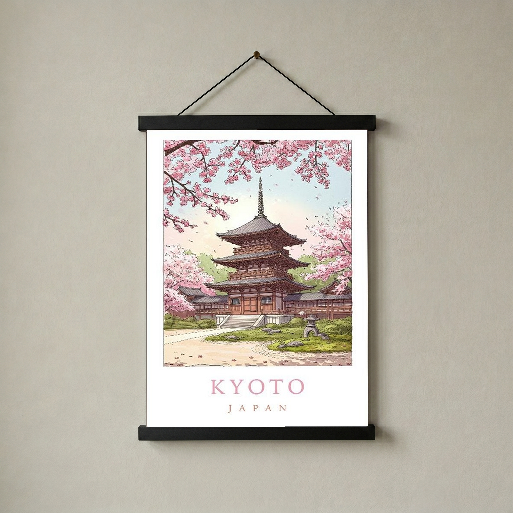 Kyoto Japan Travel Poster — Cherry Blossom Pagoda Temple Print