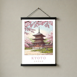 Kyoto Japan Travel Poster — Cherry Blossom Pagoda Temple Print