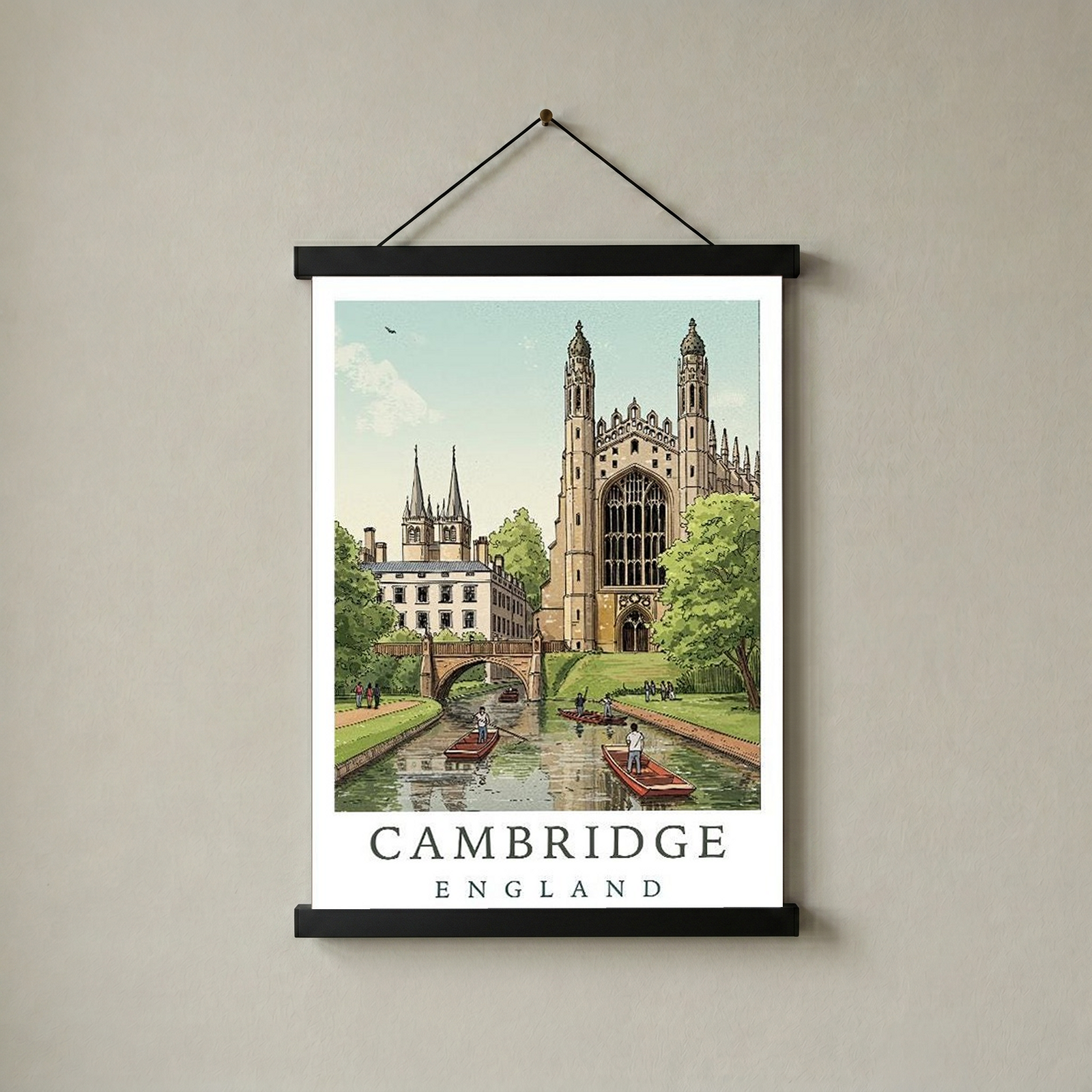Cambridge England Travel Poster — King's College Punting River Cam Print