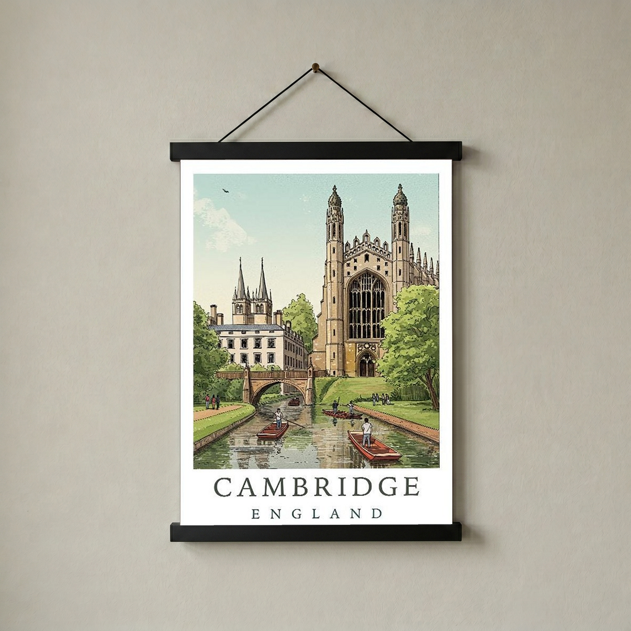 Cambridge England Travel Poster — King's College Punting River Cam Print