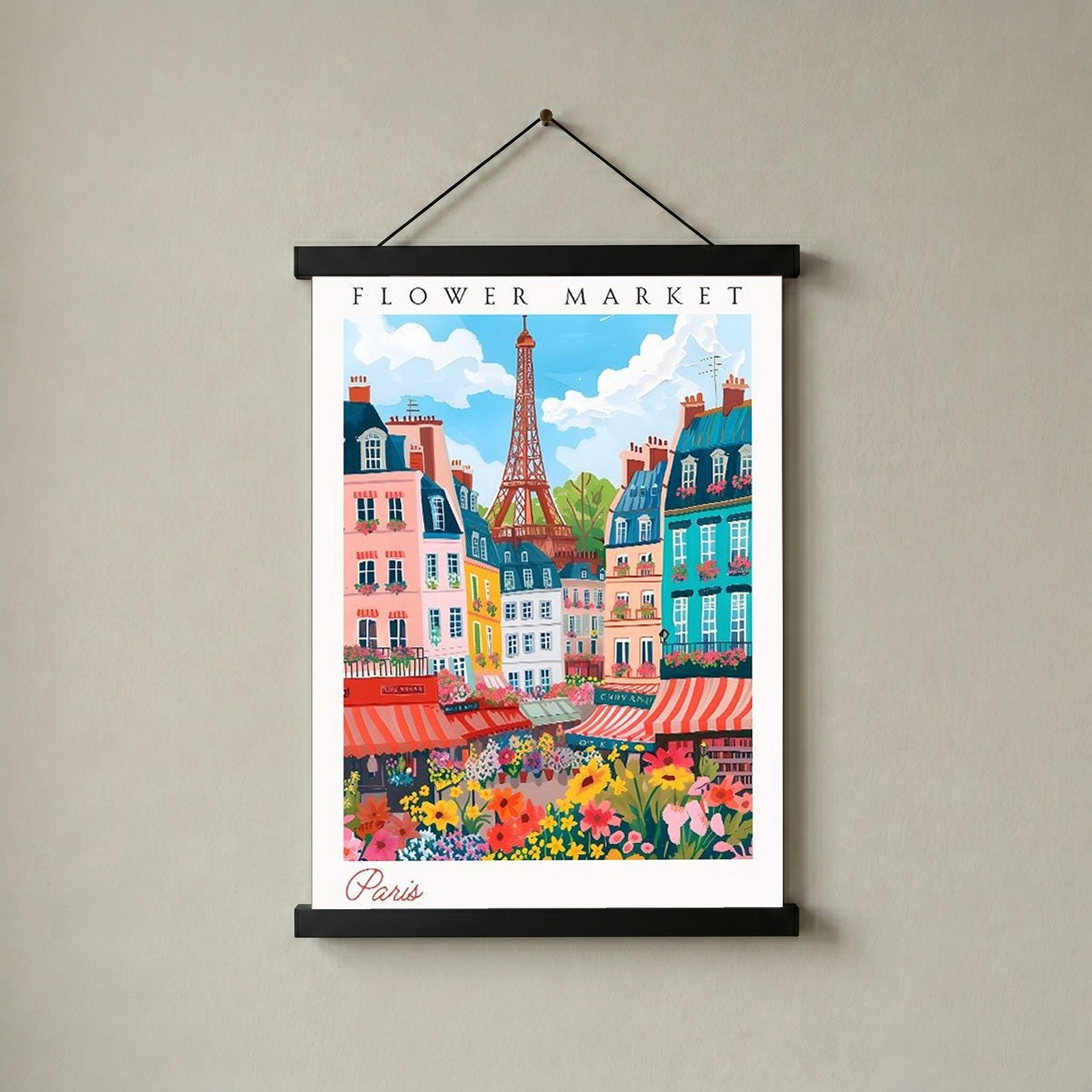 Paris Flower Market Print — Eiffel Tower Cityscape French Botanical Art
