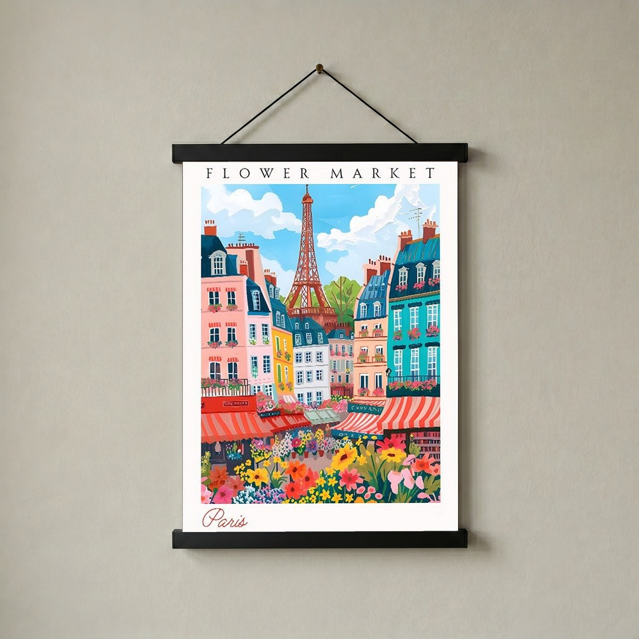 Paris Flower Market Print — Eiffel Tower Cityscape French Botanical Art