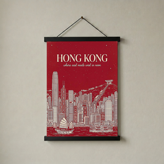 Hong Kong Line Art Print — Crimson Victoria Harbour Skyline Junk Boat Wall Art