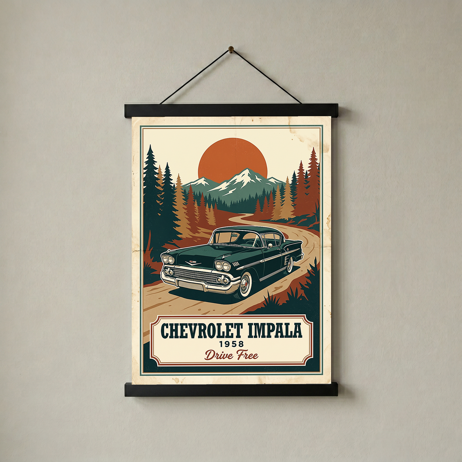Chevrolet Impala 1958 Poster — Vintage Muscle Mountain Pine Sunset Print