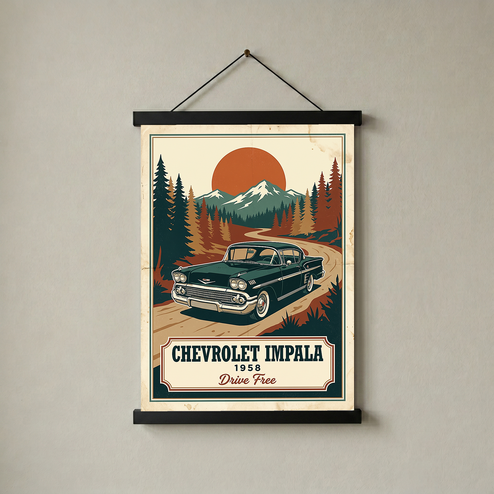 Chevrolet Impala 1958 Poster — Vintage Muscle Mountain Pine Sunset Print