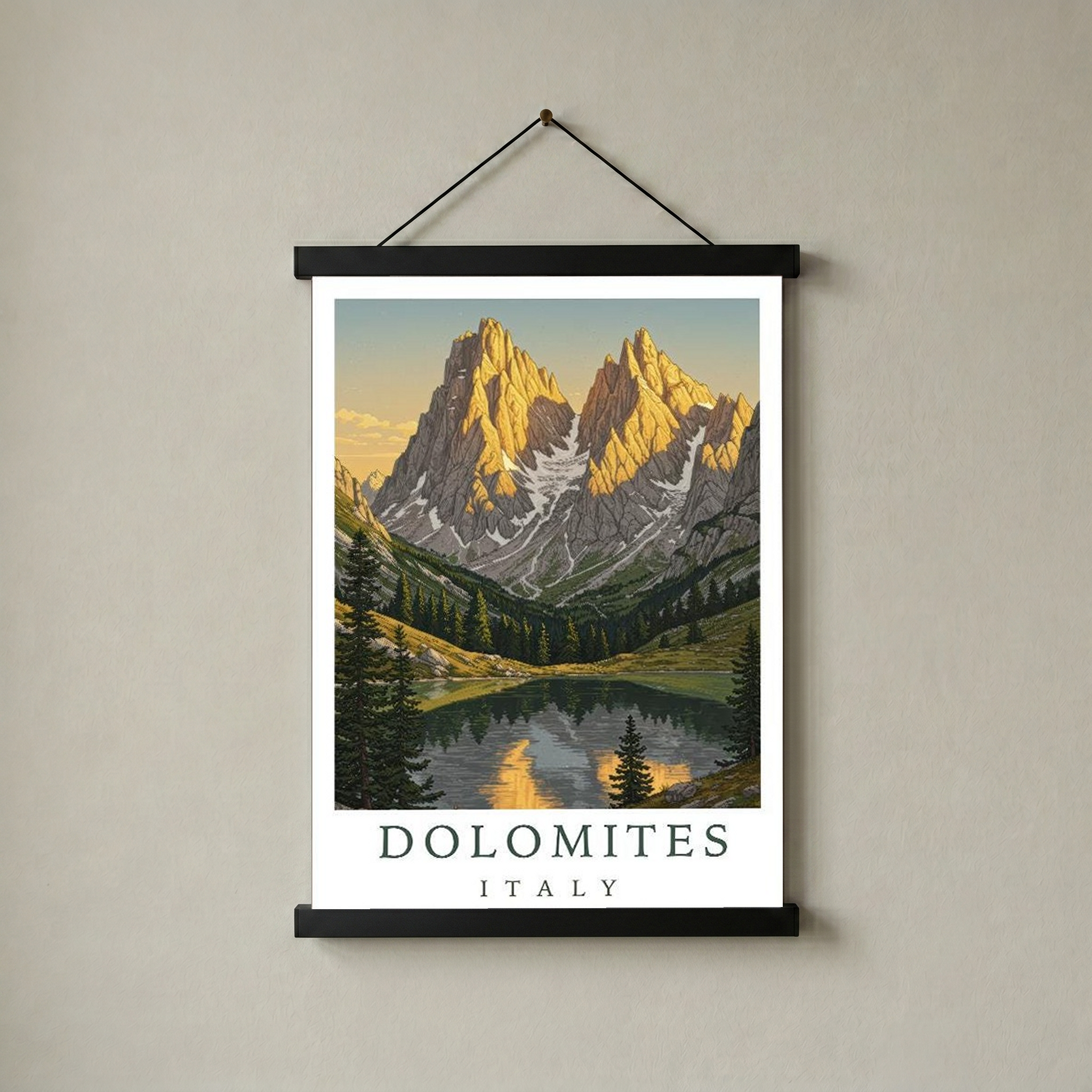 Dolomites Italy Travel Poster — Vintage Alpine Mountain Lake Print