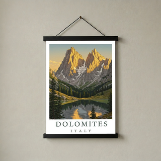 Dolomites Italy Travel Poster — Vintage Alpine Mountain Lake Print