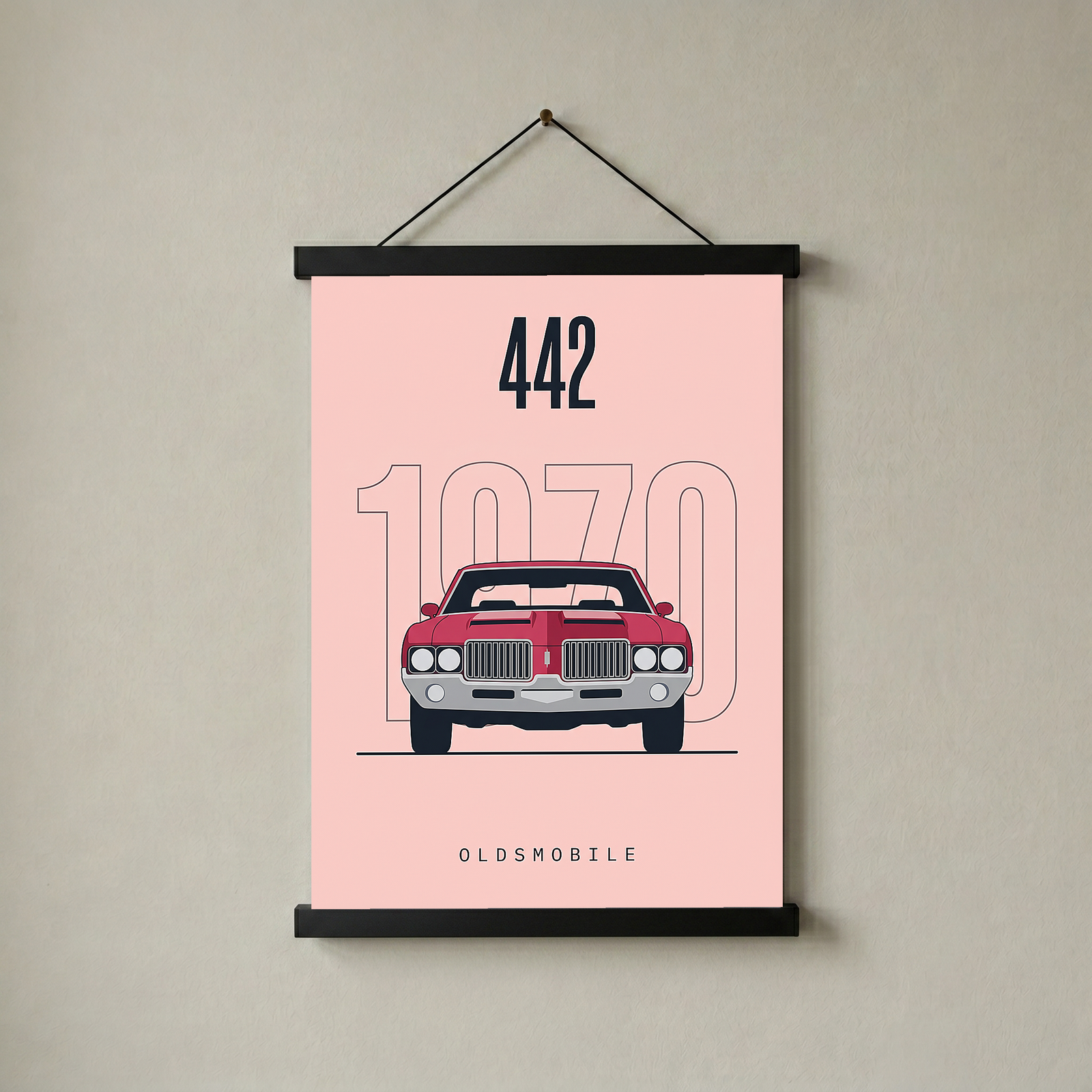 Oldsmobile 442 1970 Minimalist Poster — Blush Pink Muscle Car Line Art