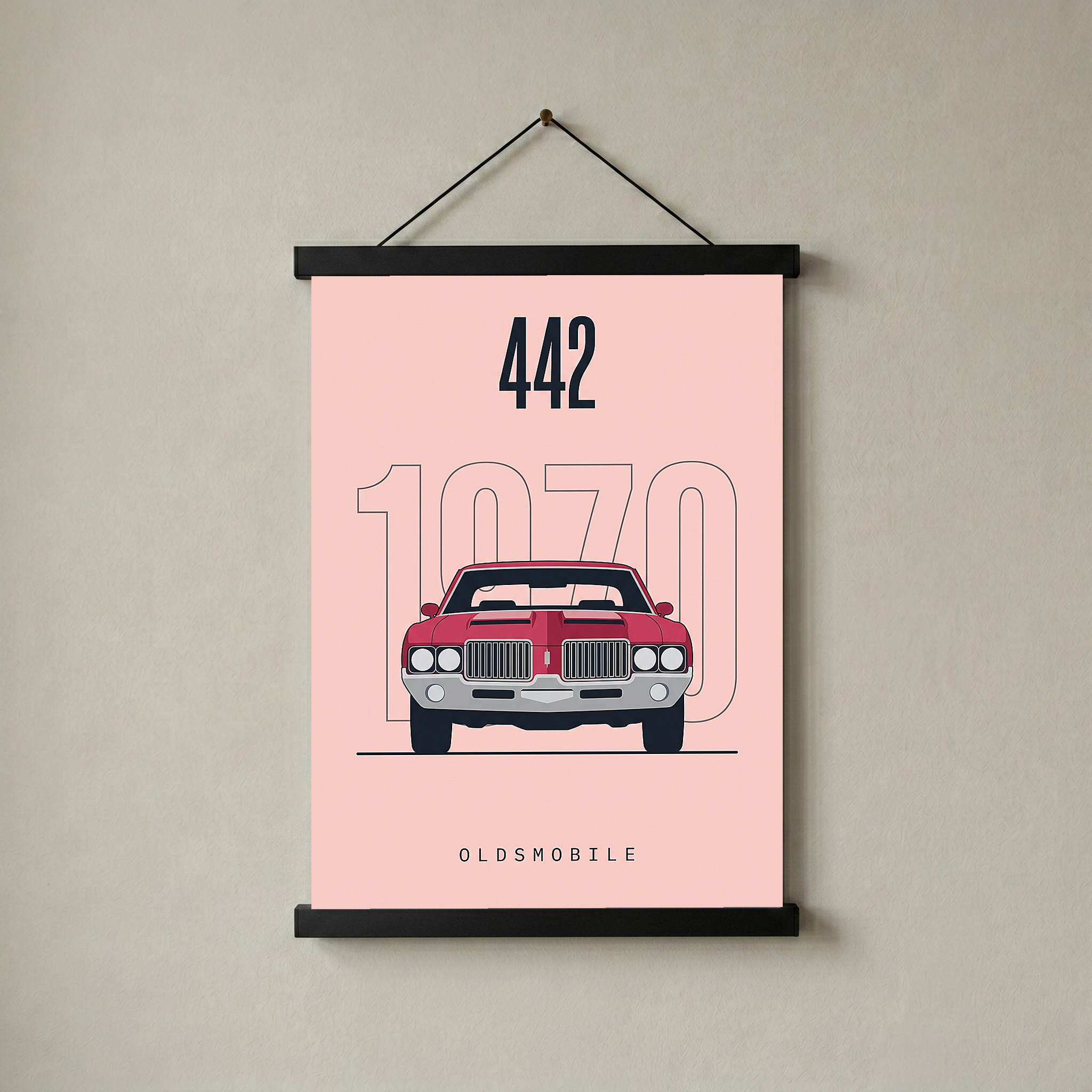 Oldsmobile 442 1970 Minimalist Poster — Blush Pink Muscle Car Line Art