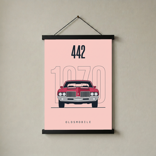 Oldsmobile 442 1970 Minimalist Poster — Blush Pink Muscle Car Line Art
