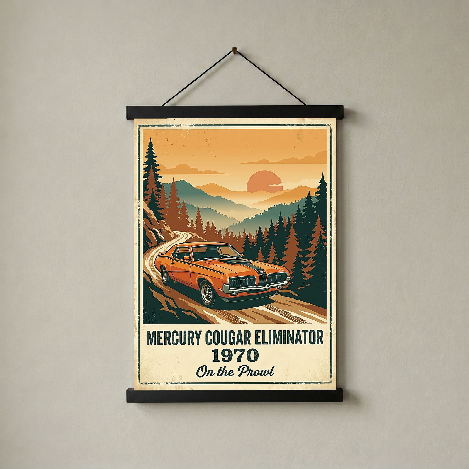 Mercury Cougar Eliminator 1970 V2 Poster — Vintage Muscle Car Pine Forest Sunset