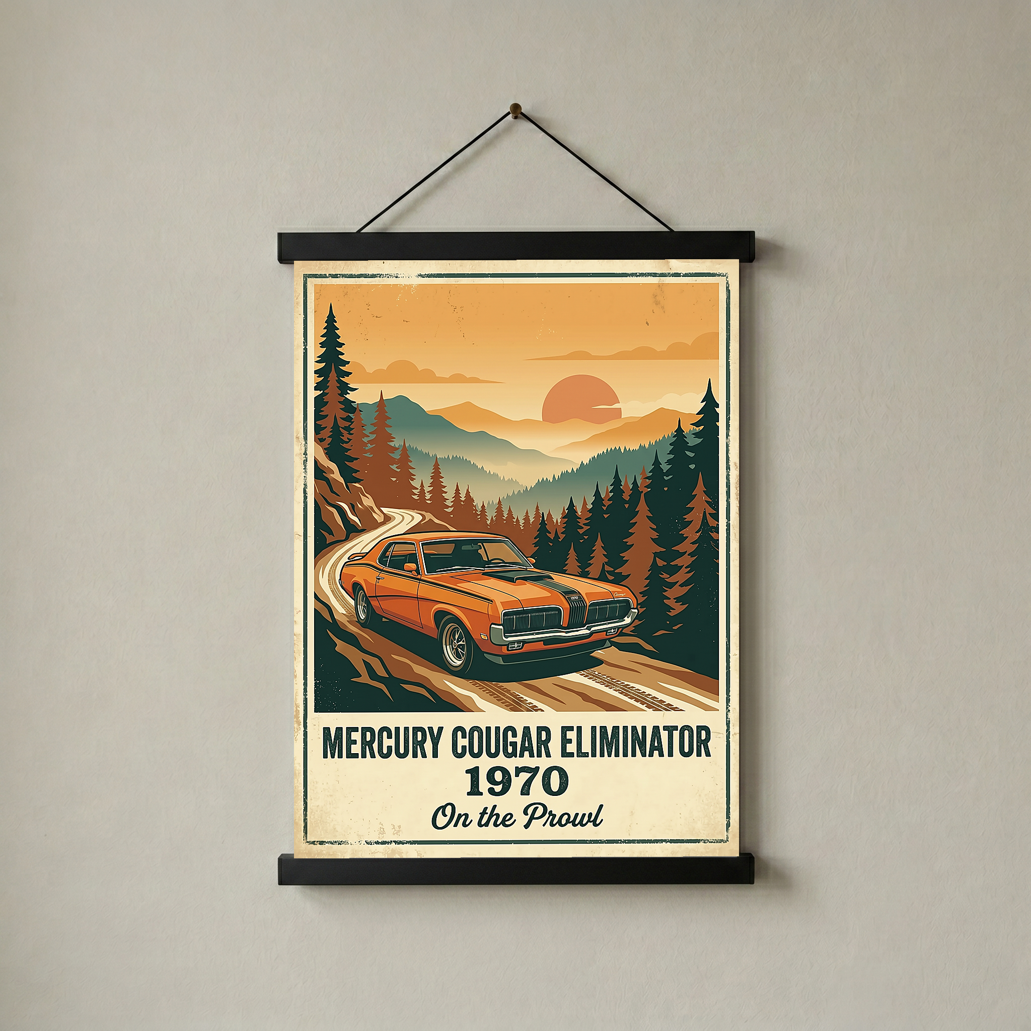 Mercury Cougar Eliminator 1970 V2 Poster — Vintage Muscle Car Pine Forest Sunset