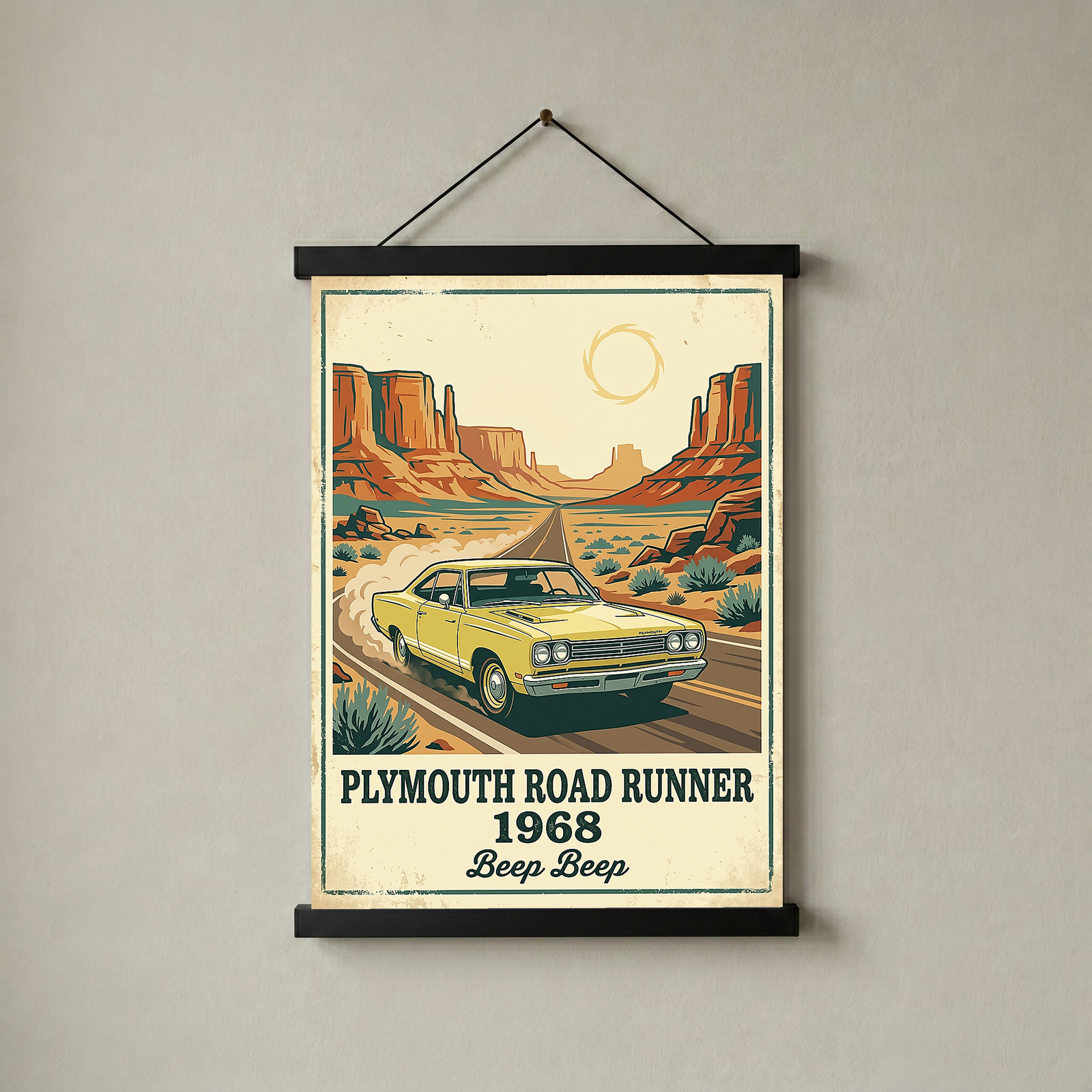 Plymouth Road Runner 1968 Poster — Vintage Muscle Car Monument Valley Print