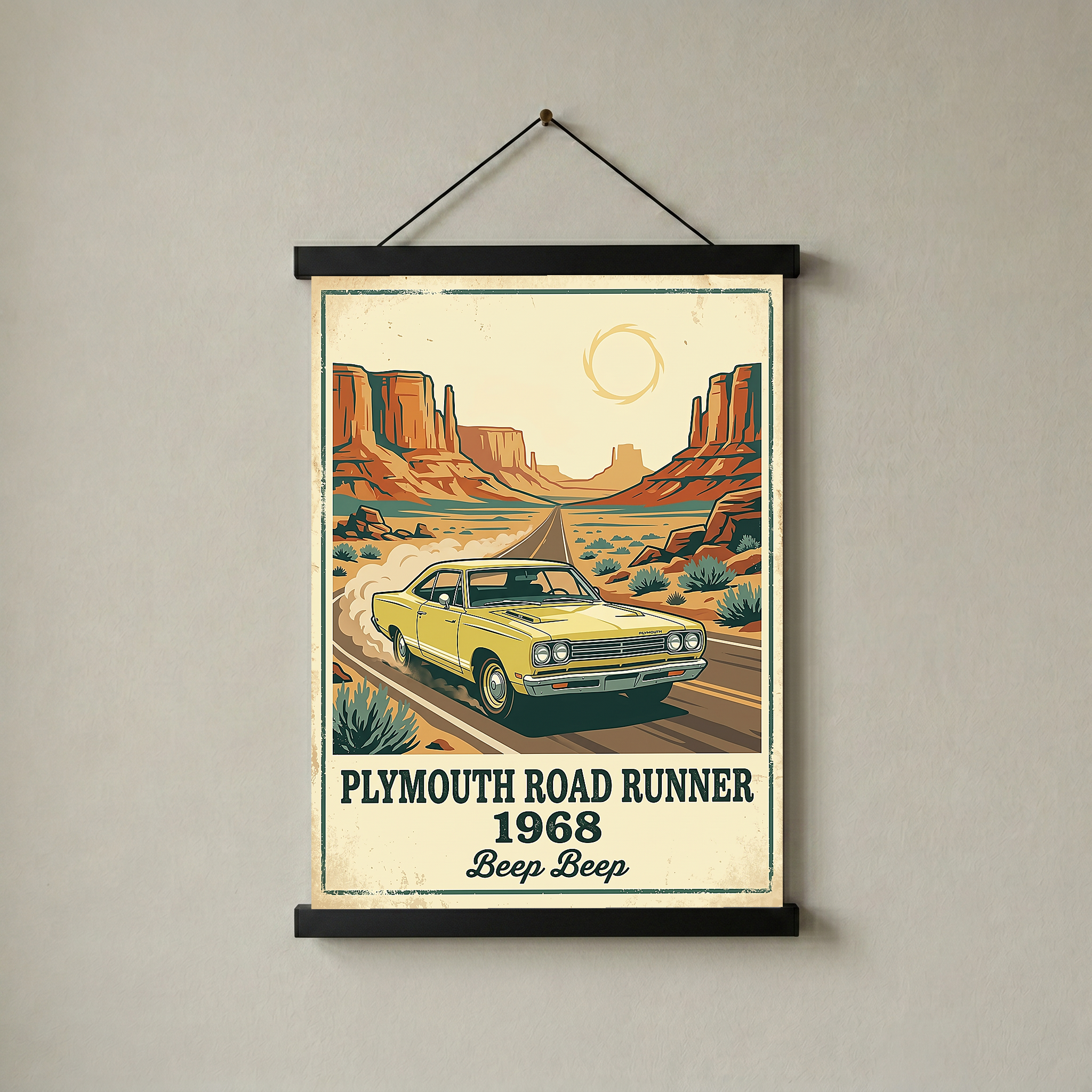 Plymouth Road Runner 1968 Poster — Vintage Muscle Car Monument Valley Print